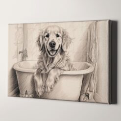 Golden Retriever Taking Bath In Bathtub