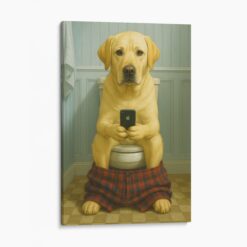 Yellow Labrador Retriever On The Phone On The Toilet