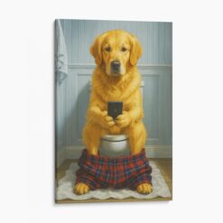 Golden Retriever On The Phone On The Toilet