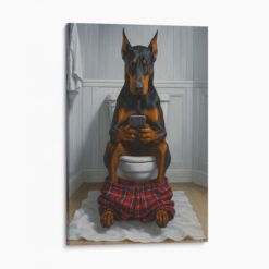 Dobermann Dog On The Phone On The Toilet