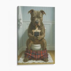 Pit Bull Terrier On The Phone On The Toilet