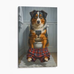 Australian Shepherd On The Phone On The Toilet