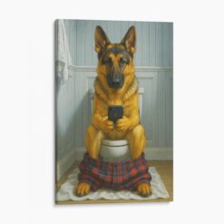 German Shepherd On The Phone On The Toilet