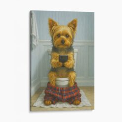 Yorkshire Terrier On The Phone On The Toilet